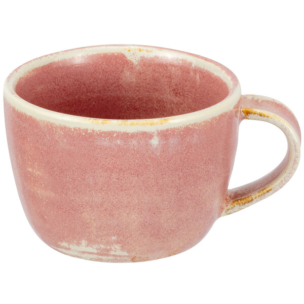 A pink and white Bon Chef Tavola Blush porcelain coffee cup.