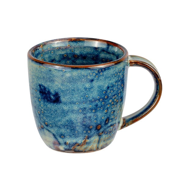 A blue and brown mug with white speckles on it.