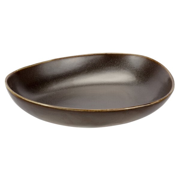A brown bowl with a gold rim and white background.