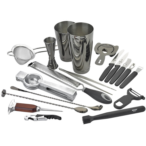 A Barfly Deluxe 19-Piece Gun Metal Black Cocktail Kit on a counter with black and silver bar tools.