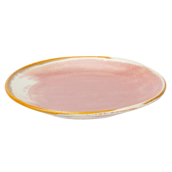 A pink plate with a yellow rim.