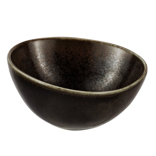 A close up of a Bon Chef Tavola Eros soup bowl with a black and brown finish.