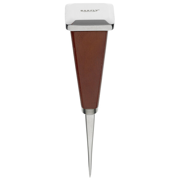A Barfly stainless steel ice pick with a wood handle.