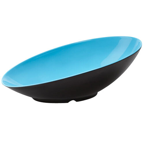 A blue bowl with a black rim.