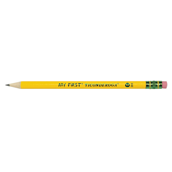 A yellow Dixon Ticonderoga pencil with an eraser.