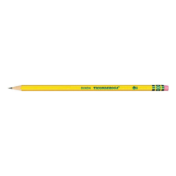 A yellow Dixon Ticonderoga pencil with blue writing and a pink eraser.