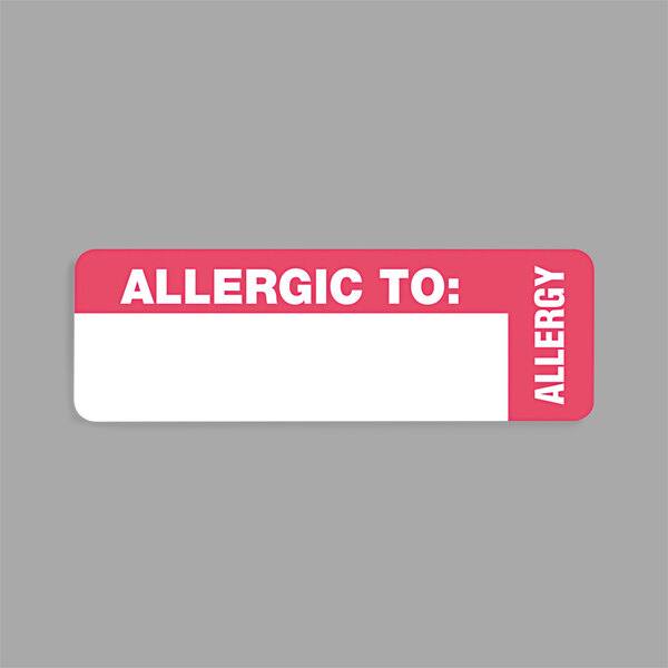 A rectangular pink and white Tabbies label with white text that reads "Allergies"