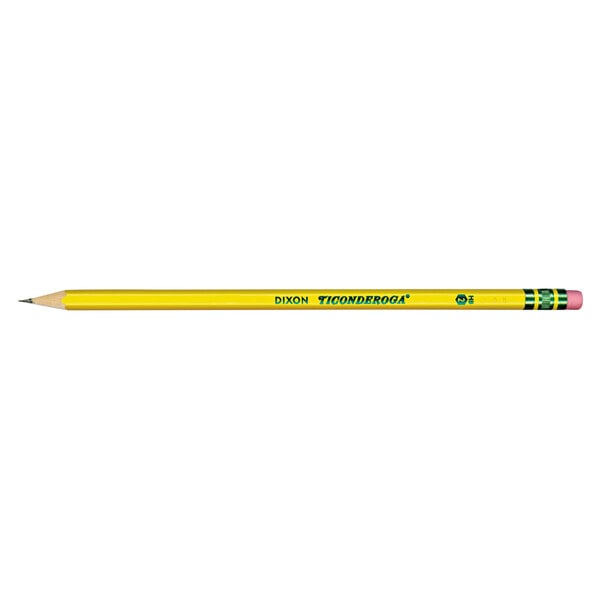 A yellow Dixon Ticonderoga pencil with black text.