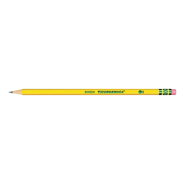 A yellow Dixon Ticonderoga pencil with blue writing and a pink eraser.