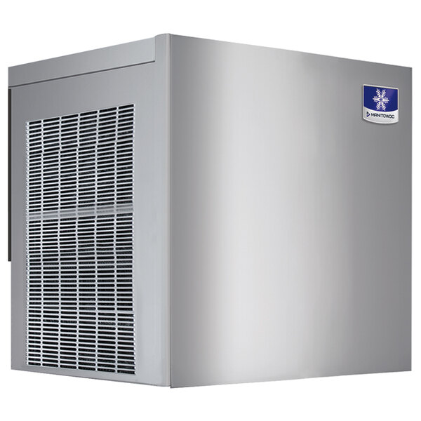 A white rectangular Manitowoc air cooled ice machine with a blue logo on the vent.