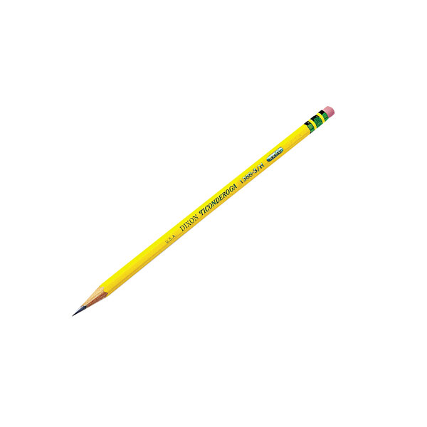 A yellow Dixon Ticonderoga pencil with a black eraser.