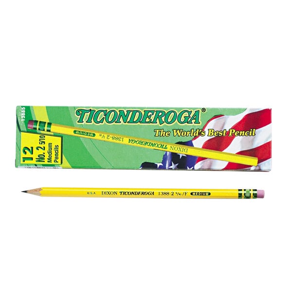 A box of 12 Dixon Ticonderoga yellow barrel pencils.