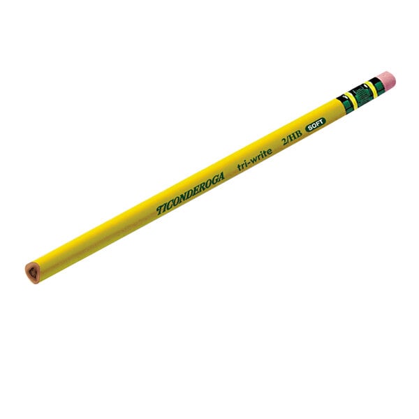 A yellow Dixon Ticonderoga Tri-Write pencil with green writing.