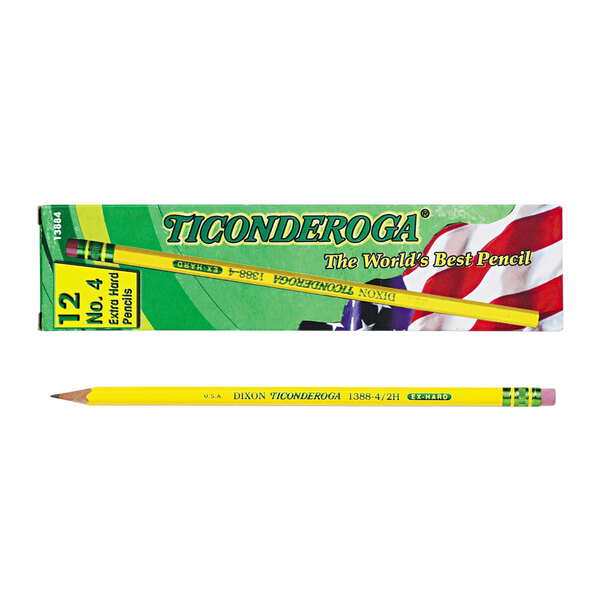 A Dixon Ticonderoga yellow pencil in a box with green and yellow text.
