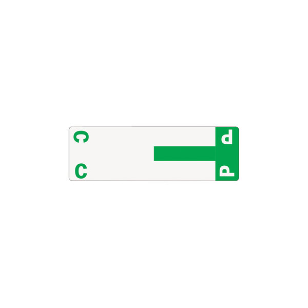 A green rectangular label with white letters and a green border.