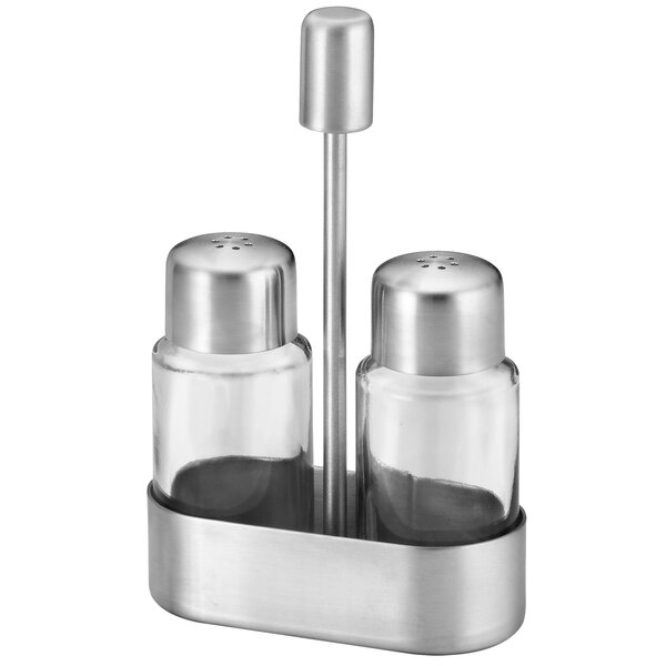 A Tablecraft metal rack holding two glass salt and pepper shakers.