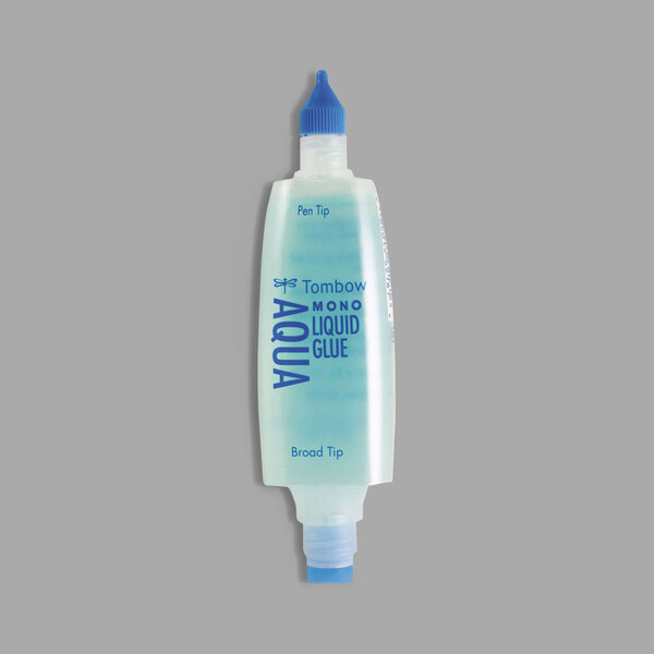A blue and white bottle of Tombow Mono Aqua liquid glue.