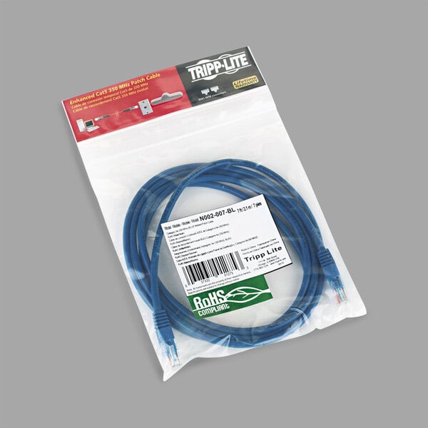 A blue Tripp Lite Cat5e Ethernet cable in a package.