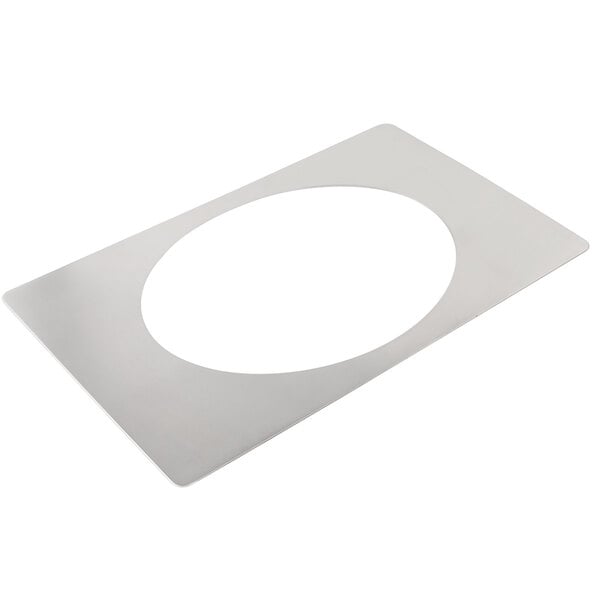 A white rectangular stainless steel tile with a circular cutout.