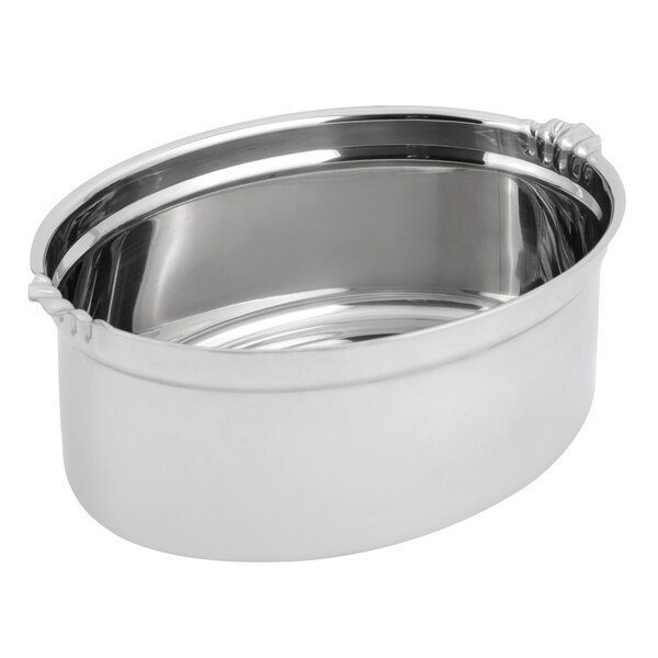 A silver stainless steel Bon Chef shell design food pan with handles.