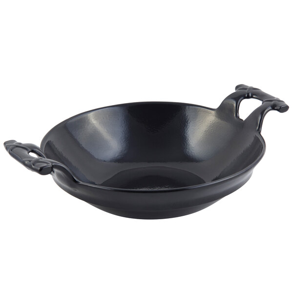 A black bowl with handles.