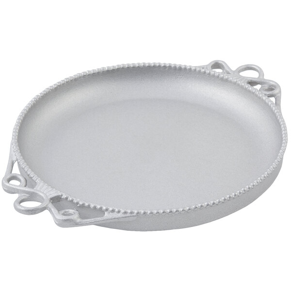 A Bon Chef round pewter-glo platter with handles.