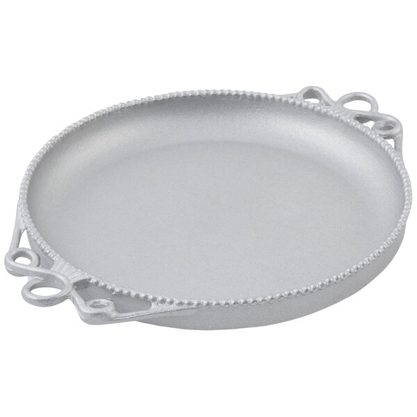 A Bon Chef pewter-glo round platter with handles.