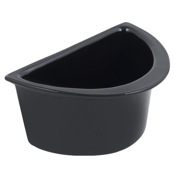 A black cast aluminum half oval food pan with a curved edge.
