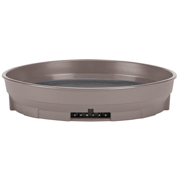 A round brown Cambro Camduction base with a black lid.