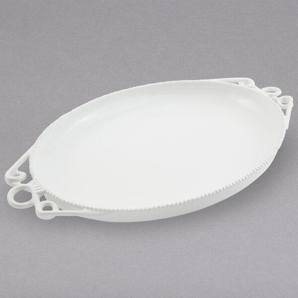 A white oval platter with handles.