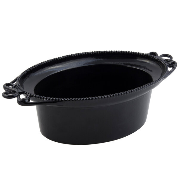 A black Bon Chef Bolero cast aluminum bowl with handles.