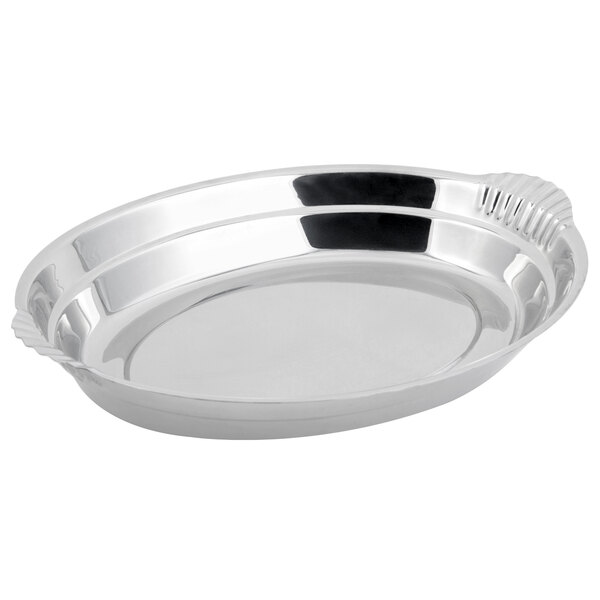 A stainless steel Bon Chef oval food pan with a shell design.