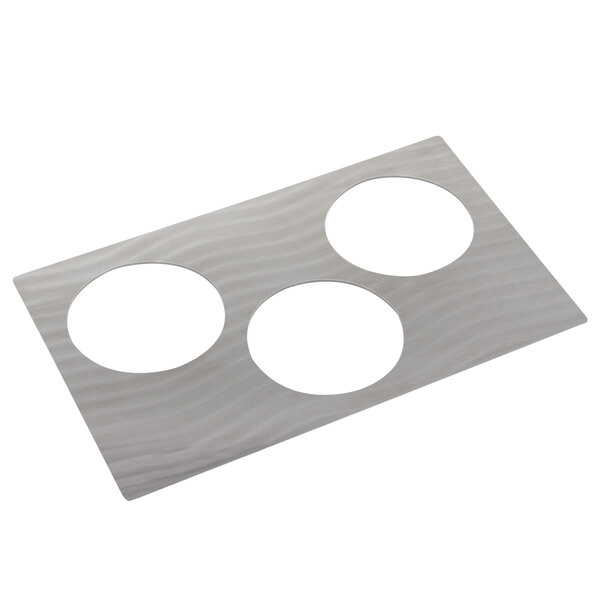 A white rectangular stainless steel plate with three swirl circles.