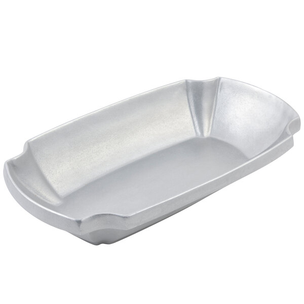 A silver rectangular pan with a scalloped edge.