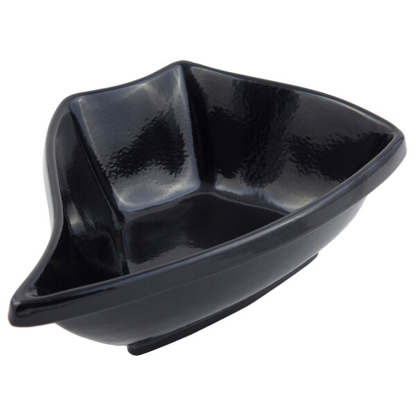 A black Bon Chef Futura bowl with a curved edge.