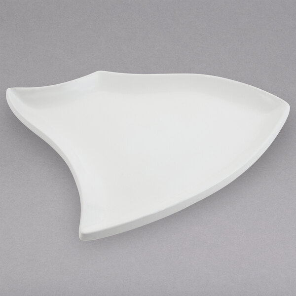 A white Bon Chef cast aluminum platter with a curved edge.