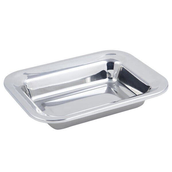 A Bon Chef stainless steel rectangular food pan on a silver tray.
