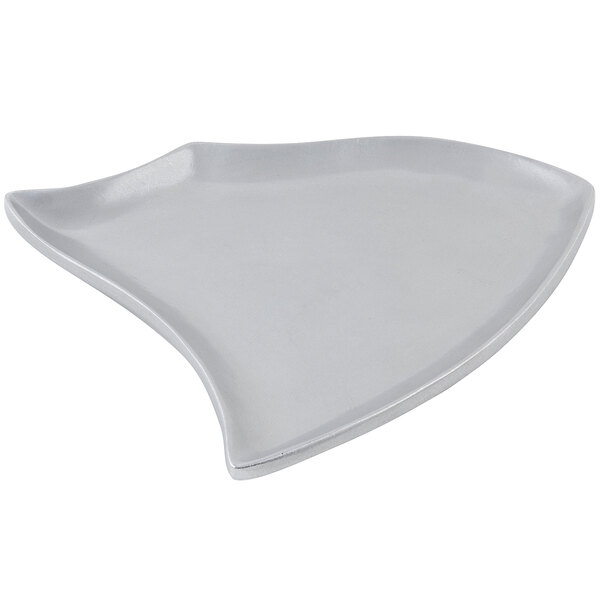 A curved Bon Chef pewter-glo platter with a white background.