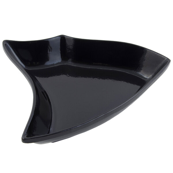 A black bowl with a curved edge.