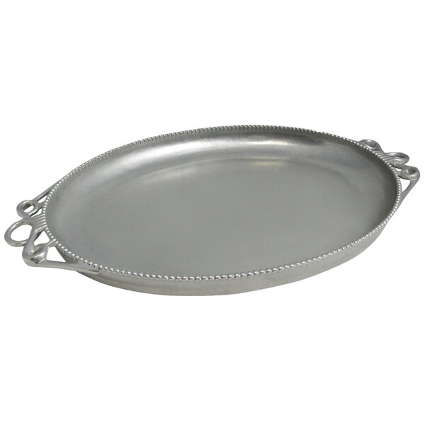 A Bon Chef pewter-glo cast aluminum oval tray with beaded rim and handles.