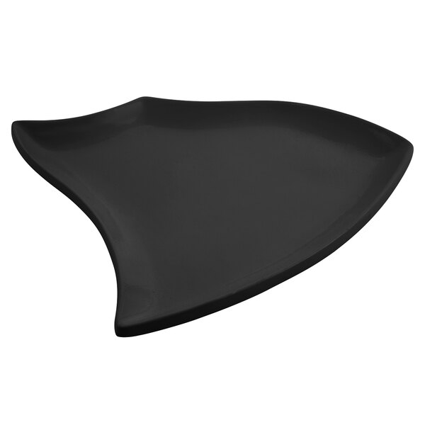 A black Bon Chef cast aluminum platter with a curved edge.