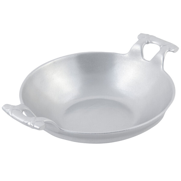 A silver Bon Chef pewter-glo bowl with handles.