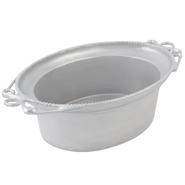 A silver Bon Chef pewter-glo bowl with handles.