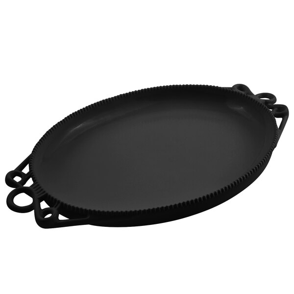 A black oval Bon Chef Bolero cast aluminum platter with a handle.
