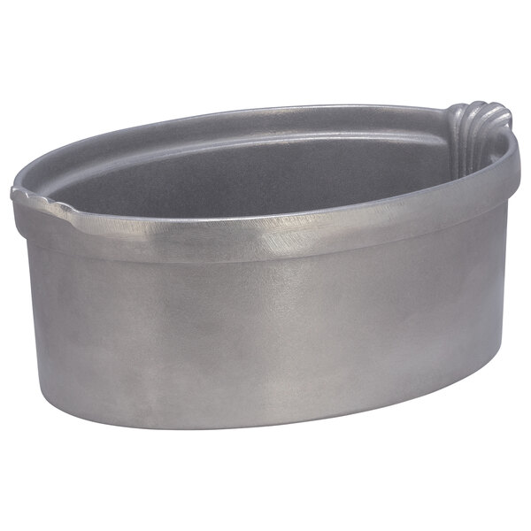A Bon Chef pewter-glo cast aluminum oval casserole dish with shell handles.