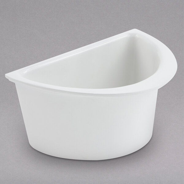A white Bon Chef half oval food pan with a small handle.
