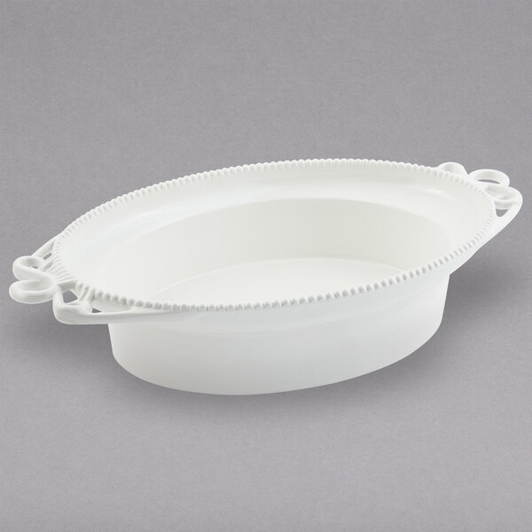 A white oval dish with handles.