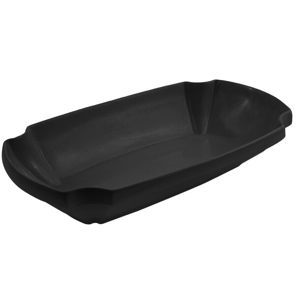 A black rectangular Bon Chef casserole dish with a handle.