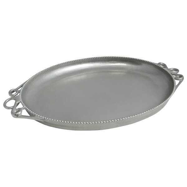 A Bon Chef pewter-glo oval tray with beaded rim and handles.