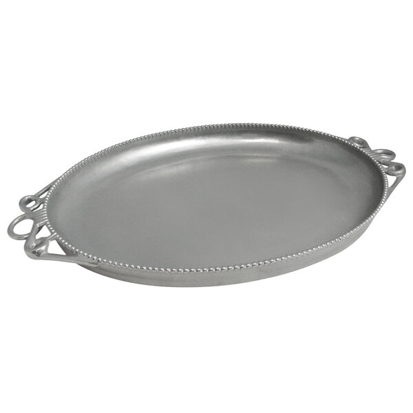 A Bon Chef pewter-glo cast aluminum oval tray with handles.